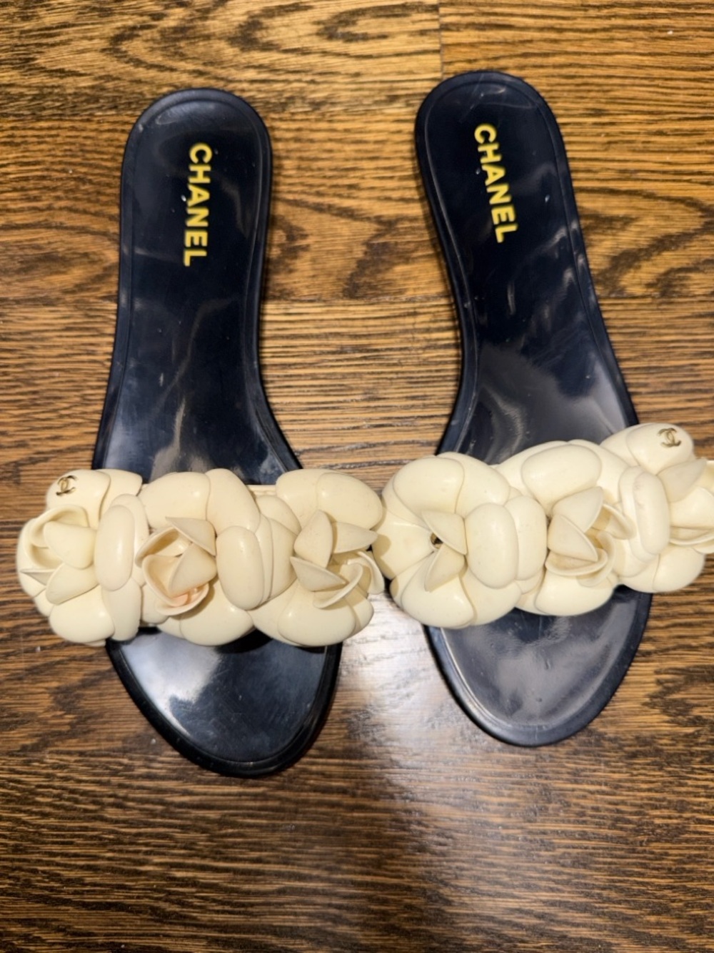 CHANEL Black Footbed Cream Camellia Slide Sandals